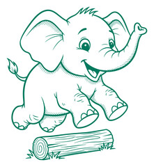 Cartoon Elephant Jumping Over Log, Outline Illustration