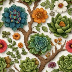 Colorful Succulent and Flower Seamless Pattern