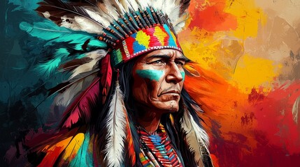 Fototapeta premium Traditional Native American Chief Depicted with Feathers
