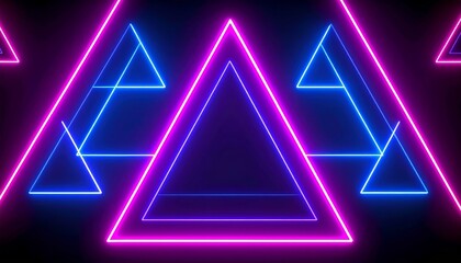 Neon triangles glow in blue and pink against a dark background, creating a geometric and vibrant pattern.