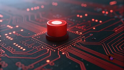 A close up of a red button on a circuit board with glowing red lines and a dark background effect