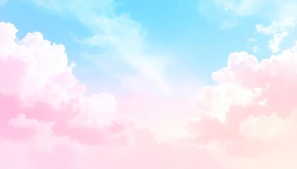 Pastel sky featuring fluffy clouds in shades of pink, blue, and white, creating a soft, dreamy atmosphere.