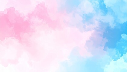 Abstract watercolor painting of soft pink and blue clouds.