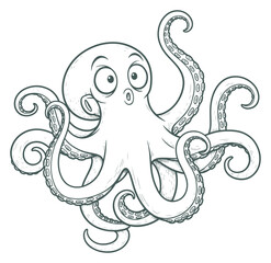 Cartoon Octopus with Surprised Expression, Drawn in Line Art Style