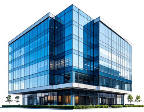 Modern Glass Office Building with Reflective Windows, Angled Front View, Isolated on Transparent Background”
