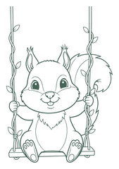 Cute Cartoon Squirrel on a Swing Coloring Page Illustration