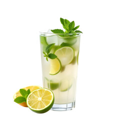 Fototapeta premium Mojito cocktail or soda drink with lime and mint isolated on transparent png