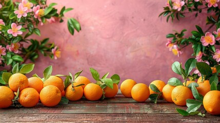 Oranges arranged on wood, pink flowers frame the image