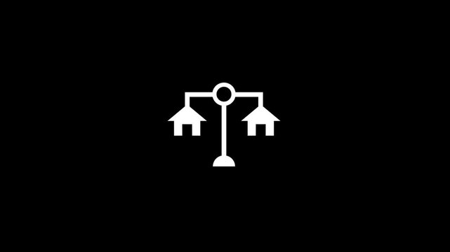 Scale of Justice, Law, Attorneys Icon with bank icon animation.A black scale symbolizing justice is displayed against , often used to represent legal and ethical concepts.