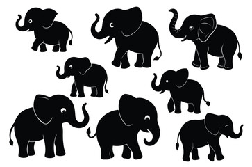 Naklejka premium Wild African Elephant Silhouette, Art & Illustration, Baby Elephant Vector Illustration, set of wild animals silhouette, icon, eps, vecrtor bundle