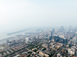 Heavy smog in Montreal downtown because of wildfire and industrial pollution, Quebec, Canada..