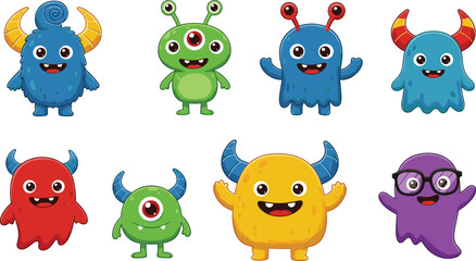 Colorful cartoon monsters with funny faces, horns, and expressions, cute alien characters isolated on white background, playful vector illustration set