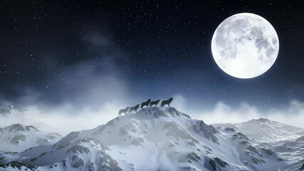 pack of wolves howling at the moon on a snowy mountain top under a starry night sky, fog gently drifting around them - Powered by Adobe