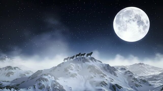 pack of wolves howling at the moon on a snowy mountain top under a starry night sky, fog gently drifting around them