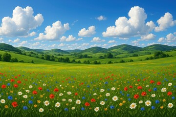 Obraz premium Breathtaking European meadowland with rolling hills and wildflowers under expansive blue sky creating idyllic rural landscape