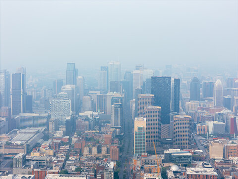 Heavy smog in Montreal downtown because of wildfire and industrial pollution, Quebec, Canada.. - Powered by Adobe