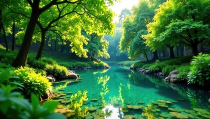 Obraz premium Circular pond, vibrant green foliage, clear water surface, photography, background, plants