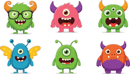 Obraz premium Colorful cartoon monsters with glasses, horns, wings, eyes, and happy faces, perfect for kids illustrations, character design, funny creatures