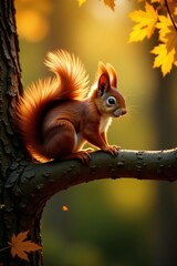 Fototapeta premium Fluffy red squirrel perched on golden oak branch, autumn park , tree, season, nature photography