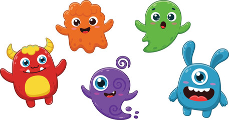 Naklejka premium Cute cartoon monsters with one eye and colorful shapes, happy alien characters for kids illustration, fantasy creature vector art design