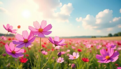 Obraz premium Pink, purple cosmos flowers sway gently in a vast field under a sunny sky , tranquil, meadow