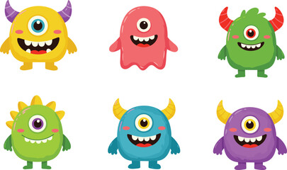 Cute colorful cartoon monsters with one eye, horns, big smiles, kids fantasy characters for stickers, posters, greeting cards, vector illustration