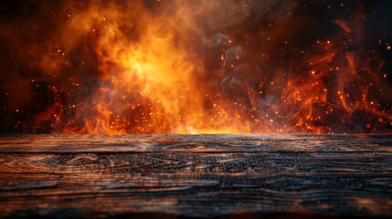 Wooden surface with raging fire background, sparks, and dark atmosphere