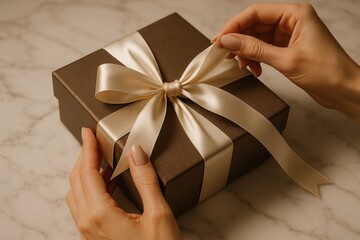Elegant hands carefully unwrapping luxury gift with silk ribbon and premium packaging on marble surface