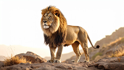 Obraz premium Lion on rocky terrain under golden light, showing authority and strength in natural habitat.