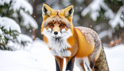 Red fox standing in winter forest, facing forward with a calm yet curious look, snow falling softly.