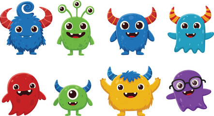Funny cartoon monster character collection, colorful alien creatures with horns and big eyes, vector illustration for kids design and decor