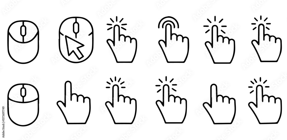 Fototapete collection of computer mouse and hand click icon symbols in a clean, minimal line art style for web 