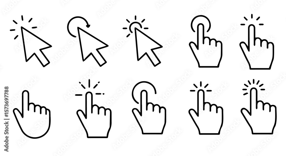 Aufkleber collection of linear cursor and hand icons showcasing click, point, and selection actions in vector 