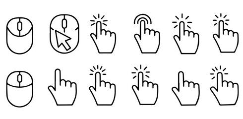 Collection of computer mouse and hand click icon symbols in a clean, minimal line art style for web design and user interface applications, silhouette