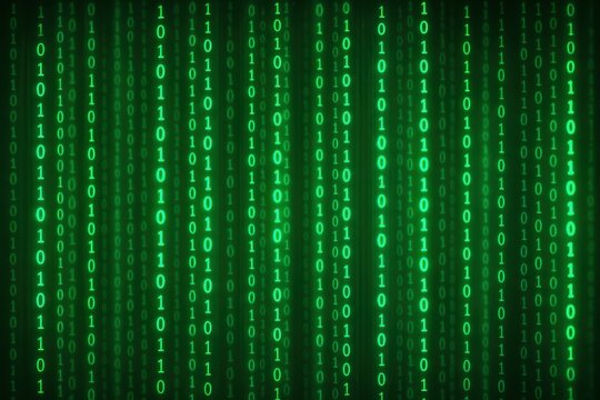 Digital matrix code pattern with glowing green binary data streams creating cyberpunk technology background