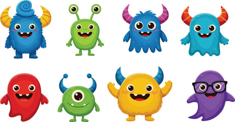 Funny cartoon monster characters set with colorful design, big eyes, cute expressions, vector alien creatures for kids isolated on white background © merajul