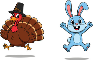 Cartoon turkey wearing pilgrim hat with happy jumping bunny, festive Thanksgiving and Easter celebration animal characters, cute vector illustration art
