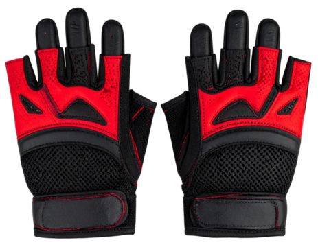 Pair of Black and Red Half-Finger Cycling Gloves with Padded Palms, Laid Flat, Isolated on Transparent Background”