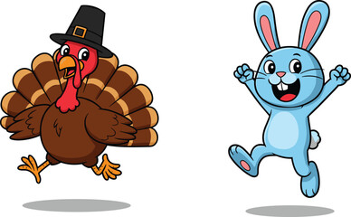 Funny cartoon turkey with pilgrim hat and cheerful blue bunny jumping, cute festive animals for Thanksgiving and Easter celebration design