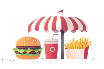 Double cheeseburger with french fries and a soda under a striped awning isolated on transparent background