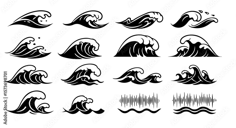 Poster ocean waves designs create a dynamic visual element with varying shapes and sizes in a monochrome co