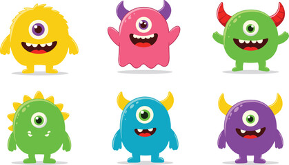 Set of colorful cartoon monsters with one big eye, horns, smiling faces, ideal for kids illustrations, playful fantasy creatures