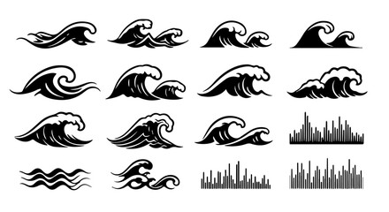 Black and white illustration shows different designs of ocean waves, great for nautical themes and artistic compositions, silhouette