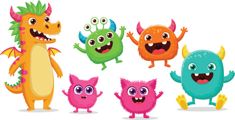 Colorful cartoon monsters and dragon characters for kids design, happy fantasy creatures illustration, perfect for games, art, fun projects