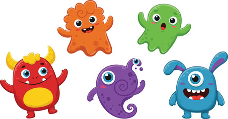 Set of cute cartoon monsters with funny faces, horns, big eyes, colorful bodies, vector illustrations for children and design