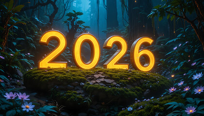 Futuristic Jungle with Glowing 2026 on Mossy Rock