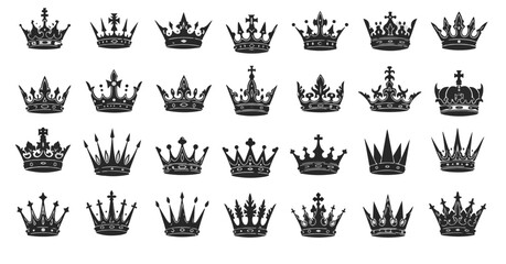 A selection of pixelated crowns showcases heraldry, royal symbols, and design elements for various decorative or historical themes, silhouette