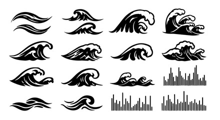 Various black and white vector designs of ocean waves provide dynamic elements for creative projects and artistic expressions, silhouette