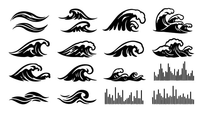 Various black and white vector designs of ocean waves provide dynamic elements for creative projects and artistic expressions, silhouette