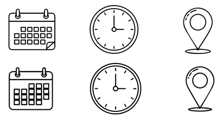 Illustration showing time management concept with calendar, clocks and location pin icons on a white background, silhouette